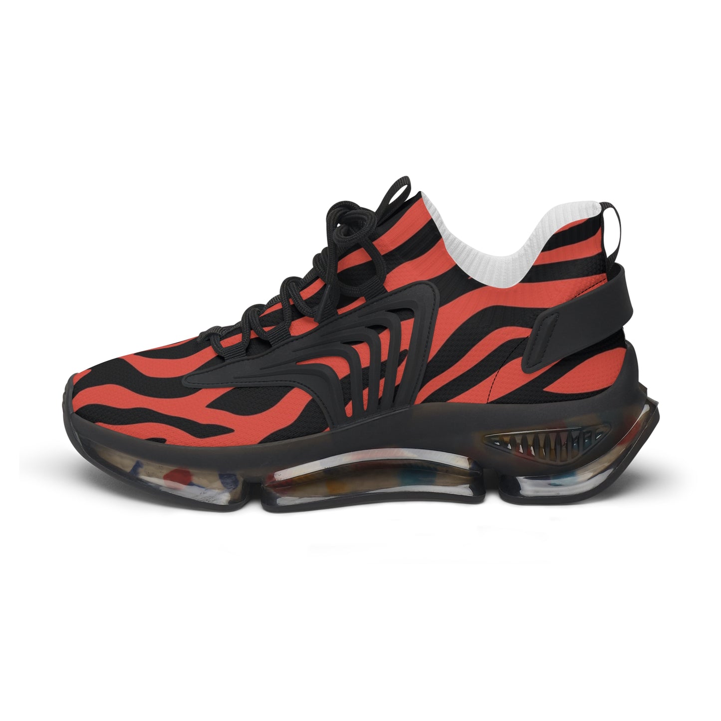 Women's red-and-black zebra print mesh sneakers with black lace-up and strap accents