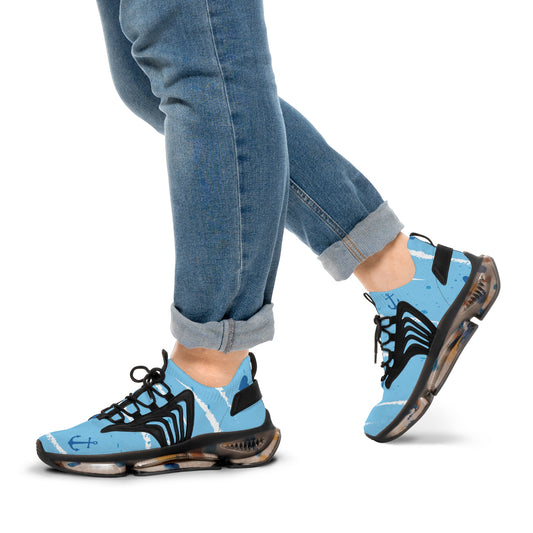 Men's light blue mesh sneakers with black laces and nautical anchor print, black sole