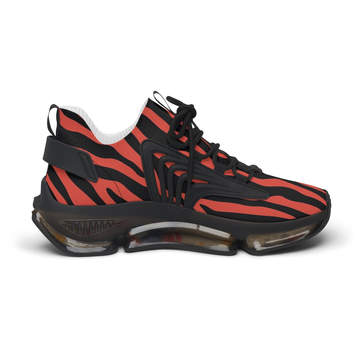 Women's red-and-black zebra mesh athletic sneakers with black laces and clear cushioned sole