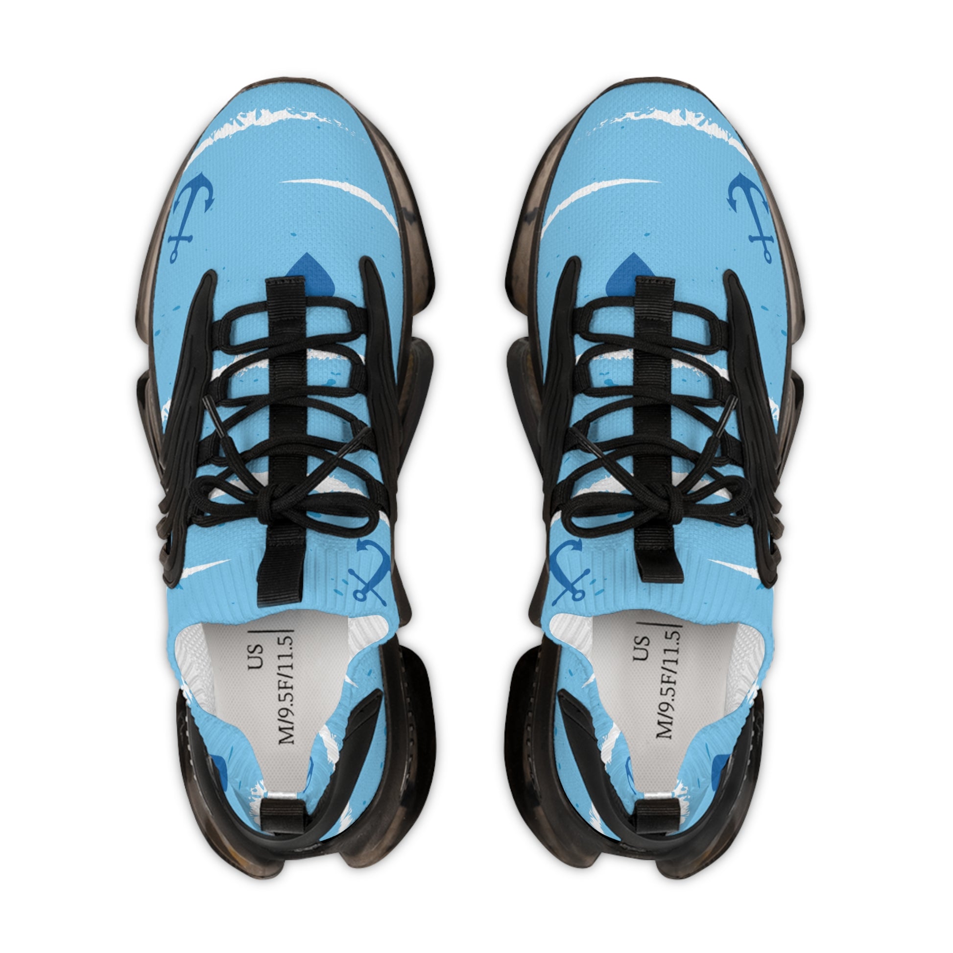 Men's light blue mesh sneakers with black laces and anchor-print insoles, black sole