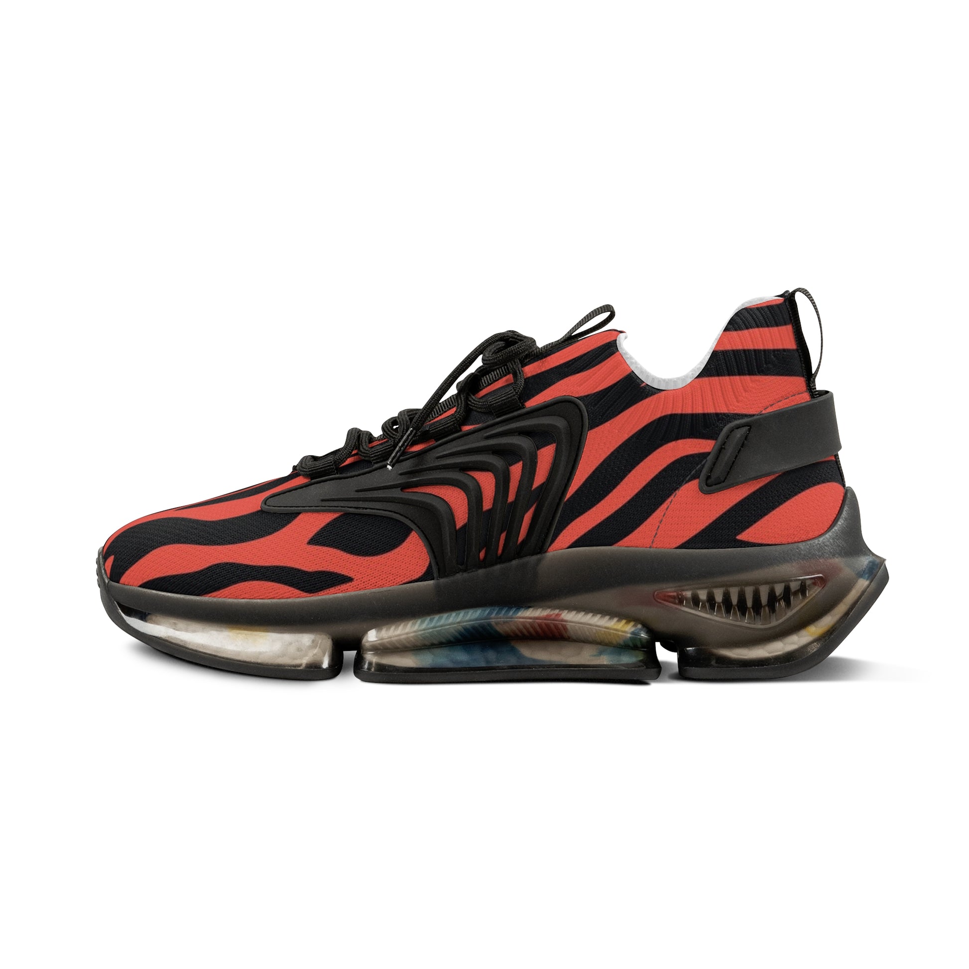 Red and black zebra mesh sneakers, side angle with black laces and chunky outsole