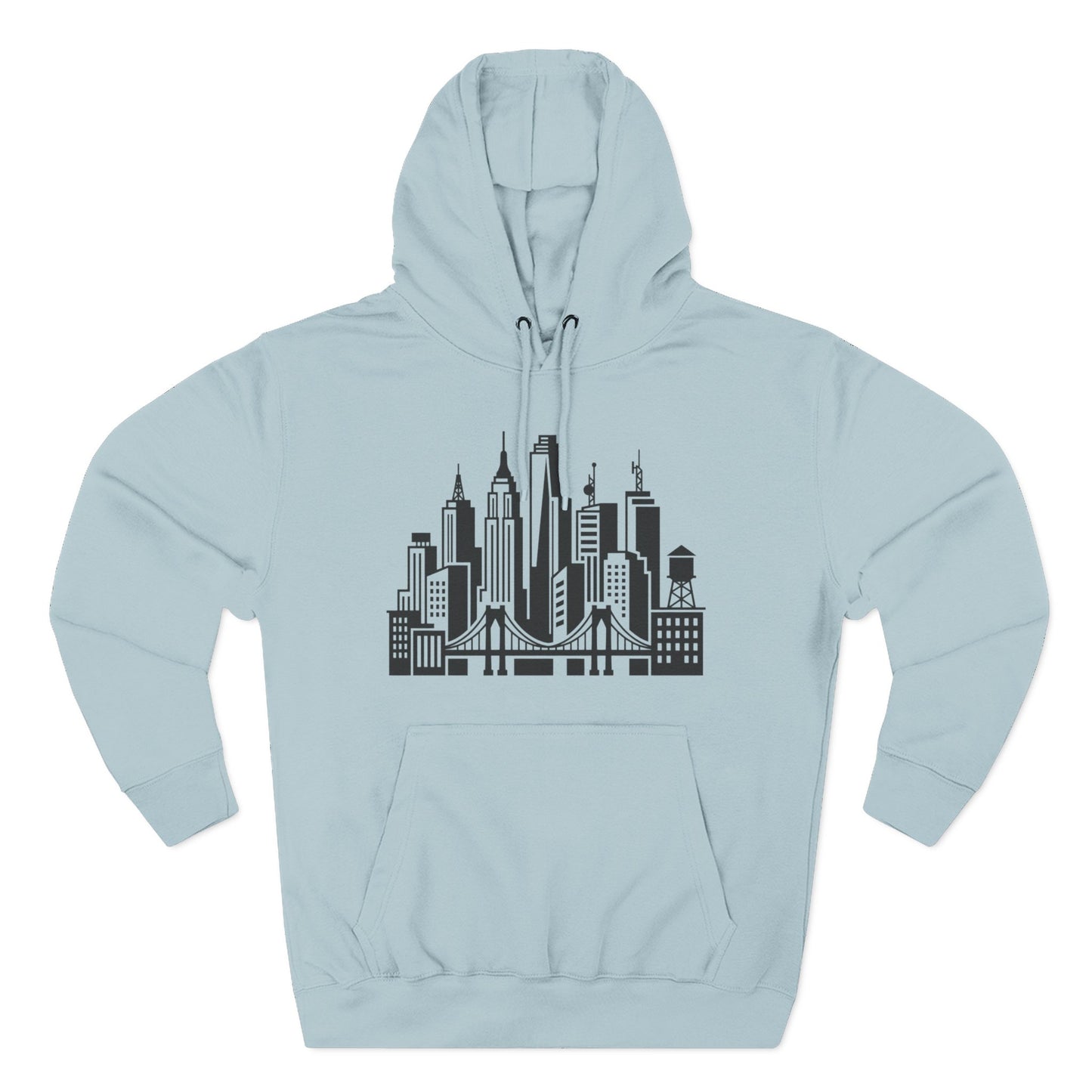 Blue Mist unisex pullover hoodie with city skyline and bridge graphic on back