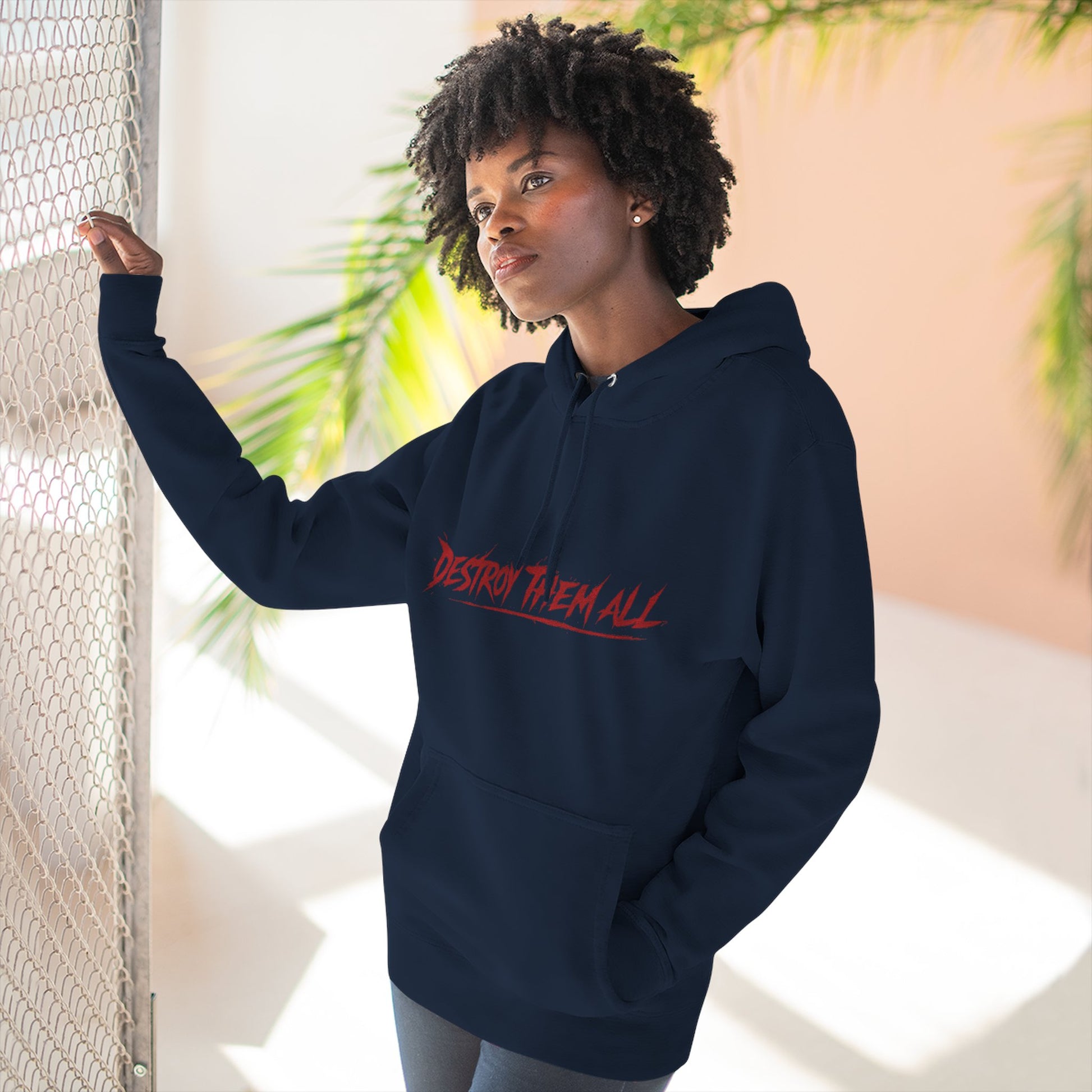Navy unisex pullover hoodie with hood, red chest graphic, long sleeves
