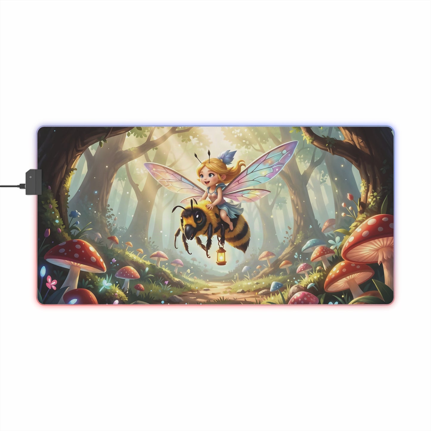 Rectangle LED gaming mouse pad with fairy and bee forest artwork and RGB edge lighting