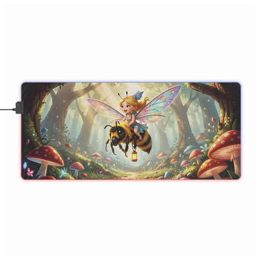 Rectangle LED gaming mouse pad with fairy/bee forest graphic and RGB glow border