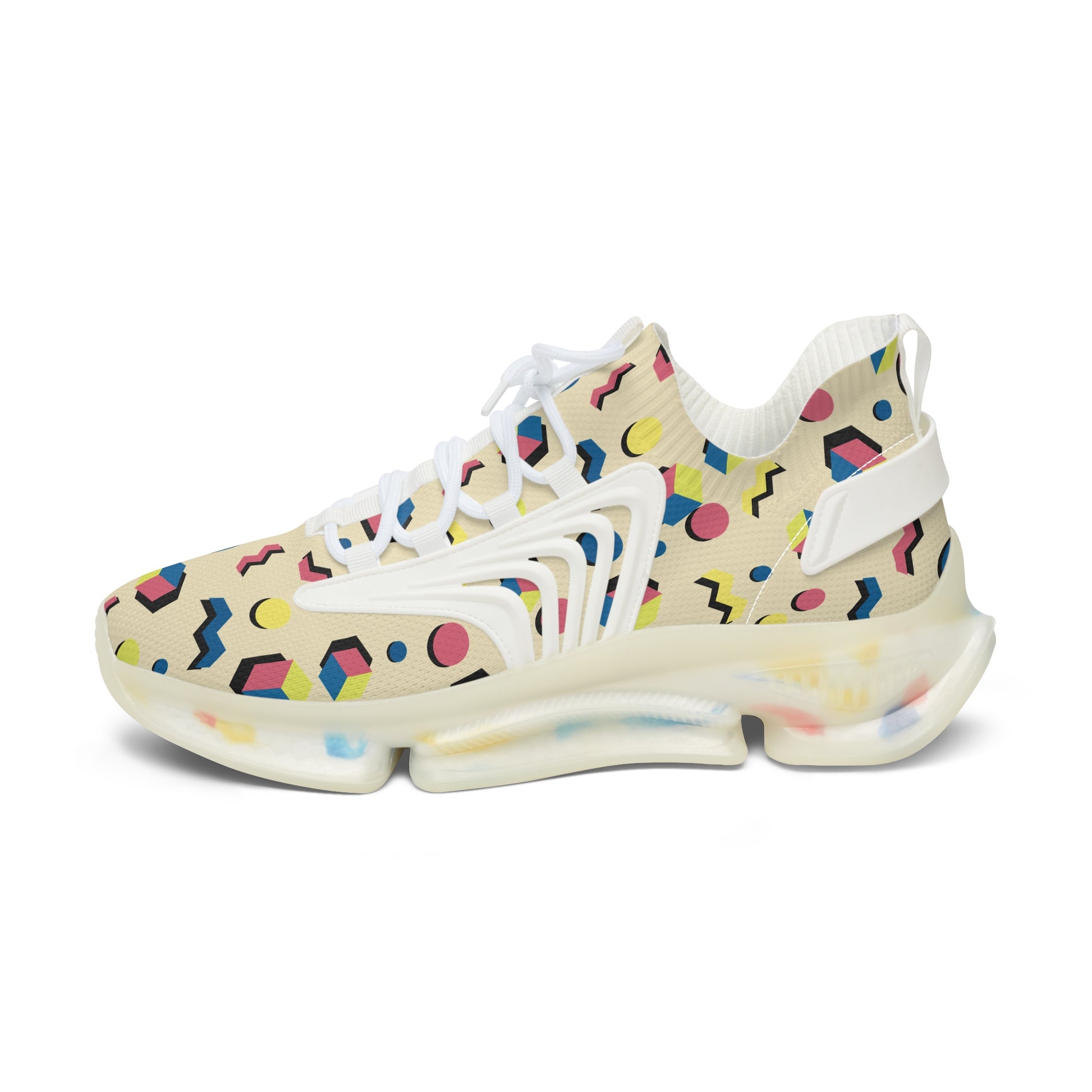 Geometric print mesh sneakers with white laces and oversized light sole, angled view