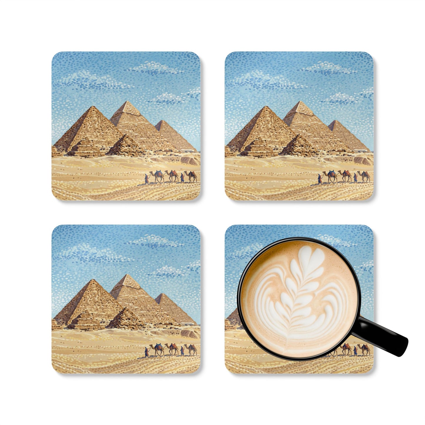 Square cork drink coasters with Egyptian pyramids print, plus magnified cup latte artwork