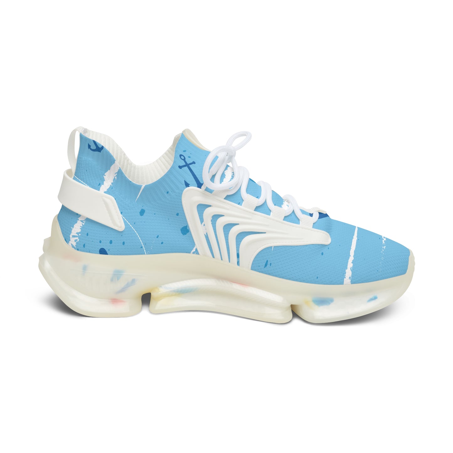 Light blue mesh sneakers with white laces, sculpted side panels, chunky white sole