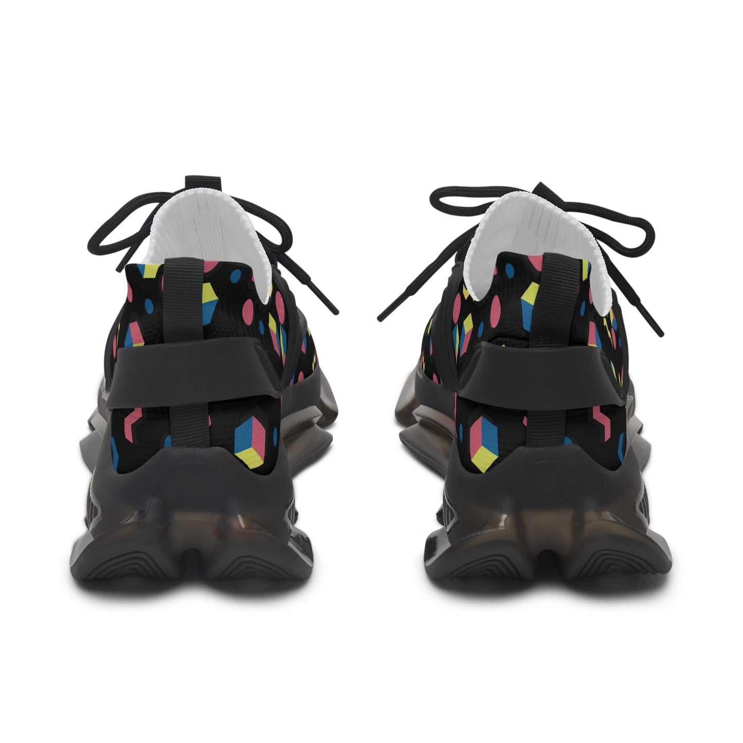 Women's black geometric mesh sneakers, rear view with padded heel and lace-up