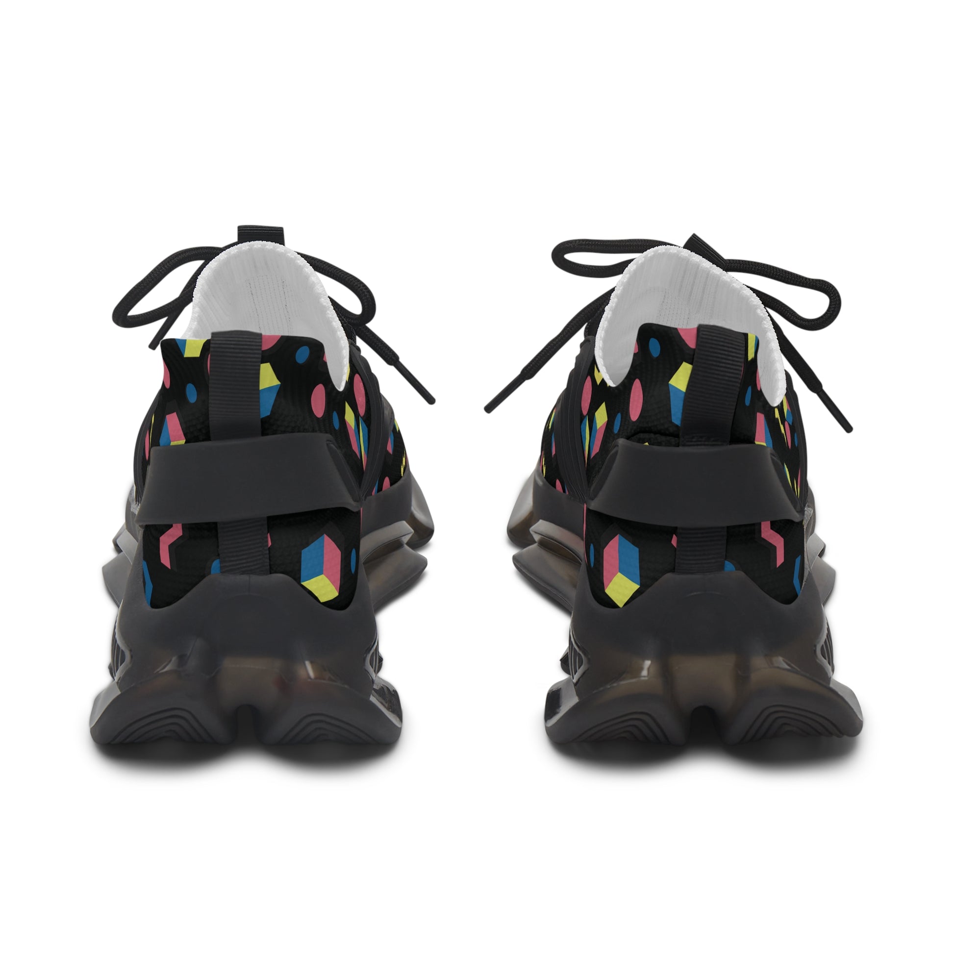 Women's black geometric mesh sneakers, rear view with padded heel and lace-up