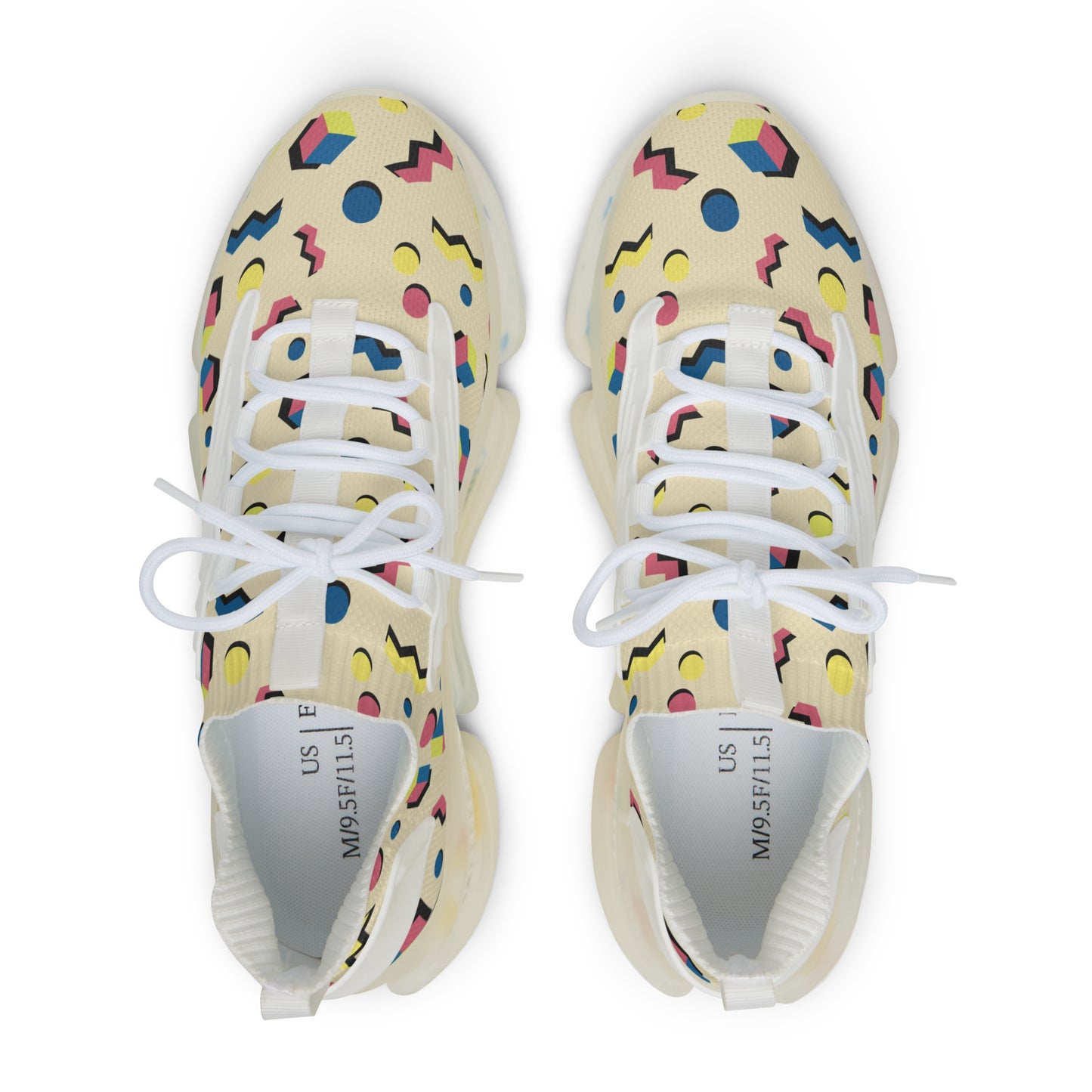 Men's retro geometric mesh sneakers, off-white with multicolor pattern and white lace-up