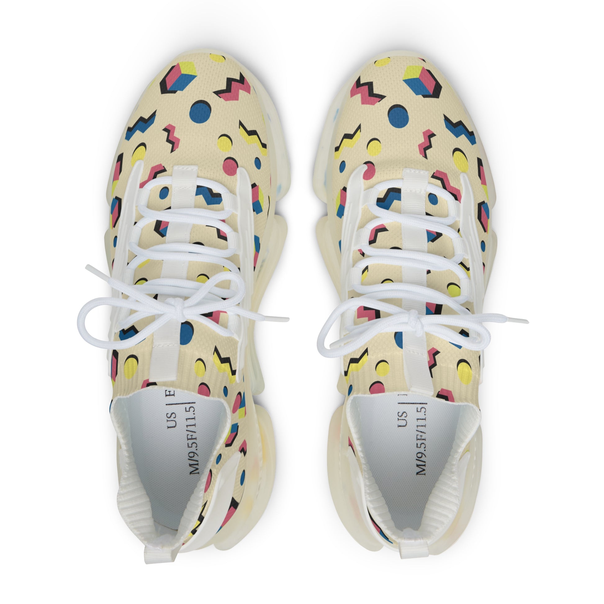 Men's retro geometric mesh sneakers, off-white with multicolor pattern and white lace-up