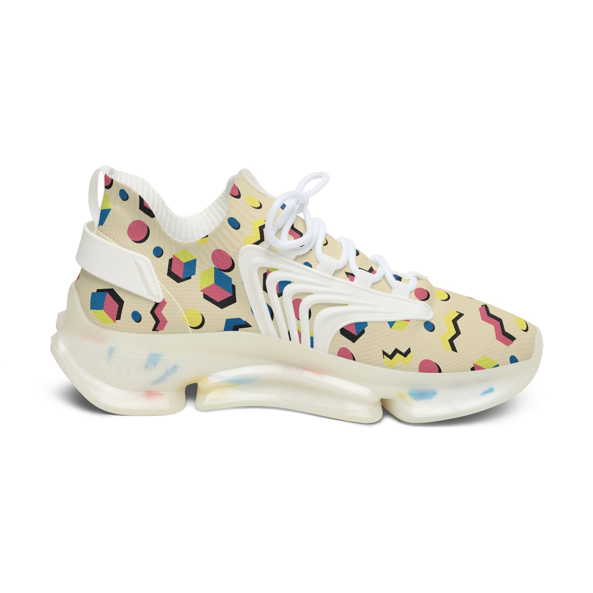 Geometric print mesh sneakers with white laces and thick cushioned sole, side view