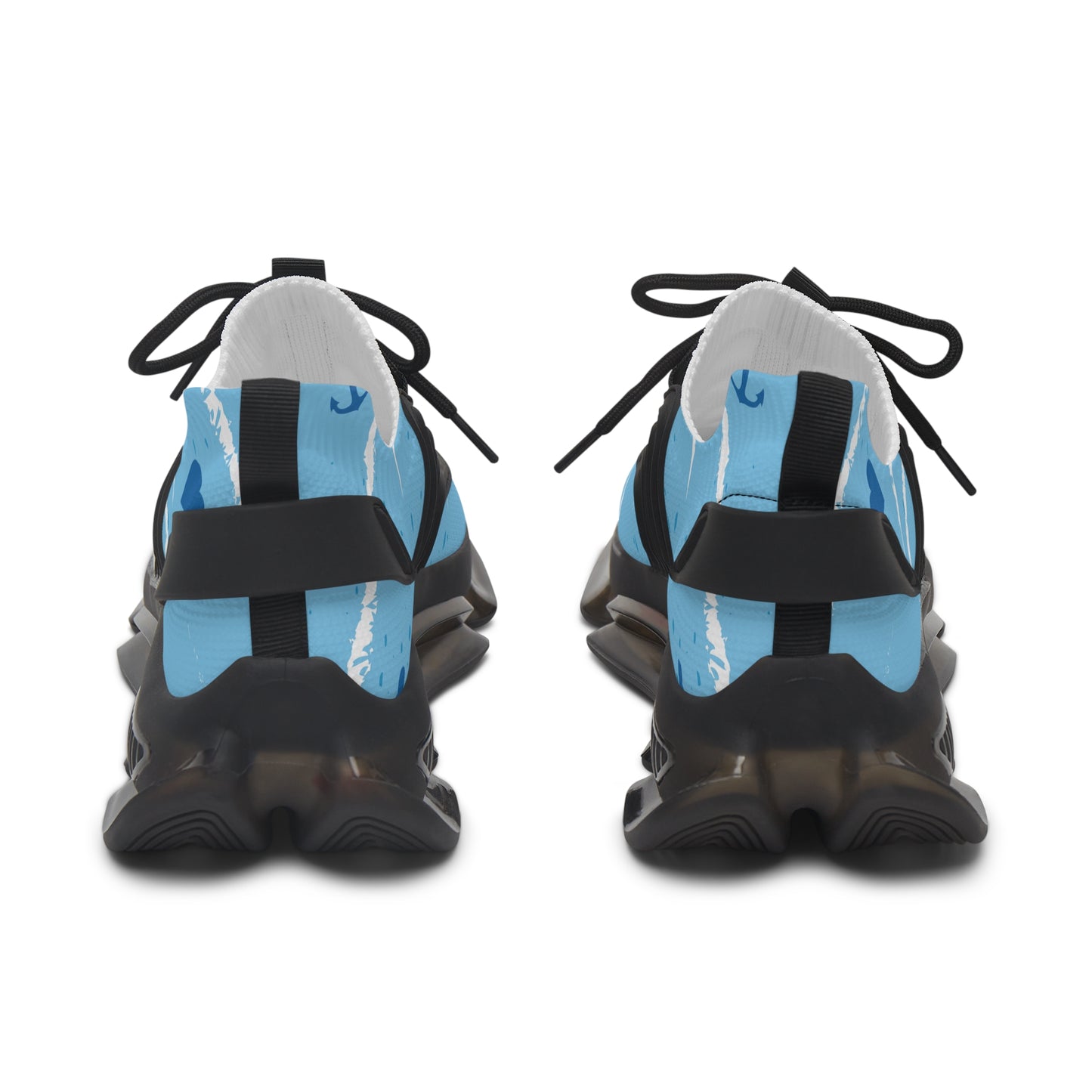 Light blue mesh sneakers with black heel straps and black outsole, rear view
