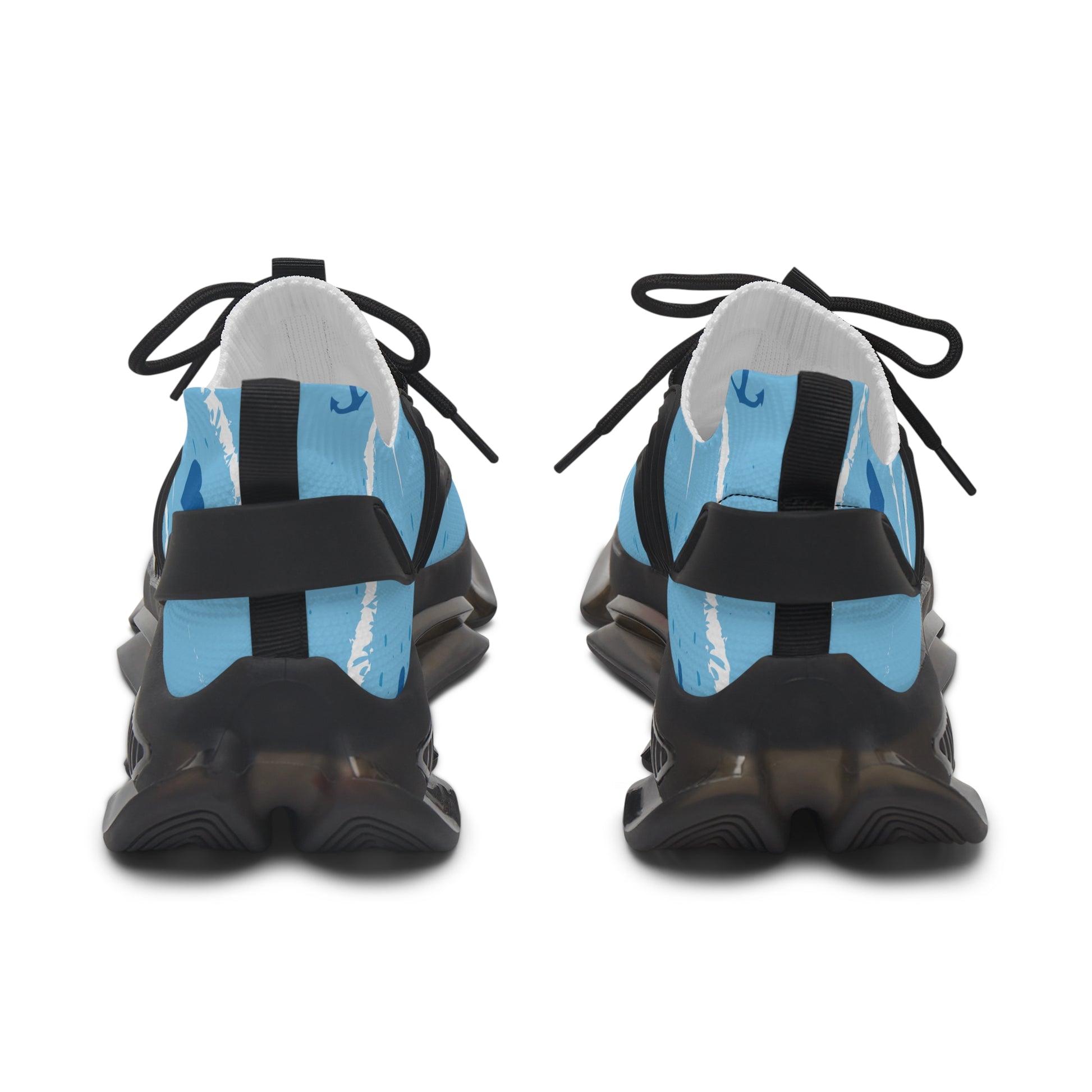 Light blue mesh sneakers with black heel straps and black outsole, rear view