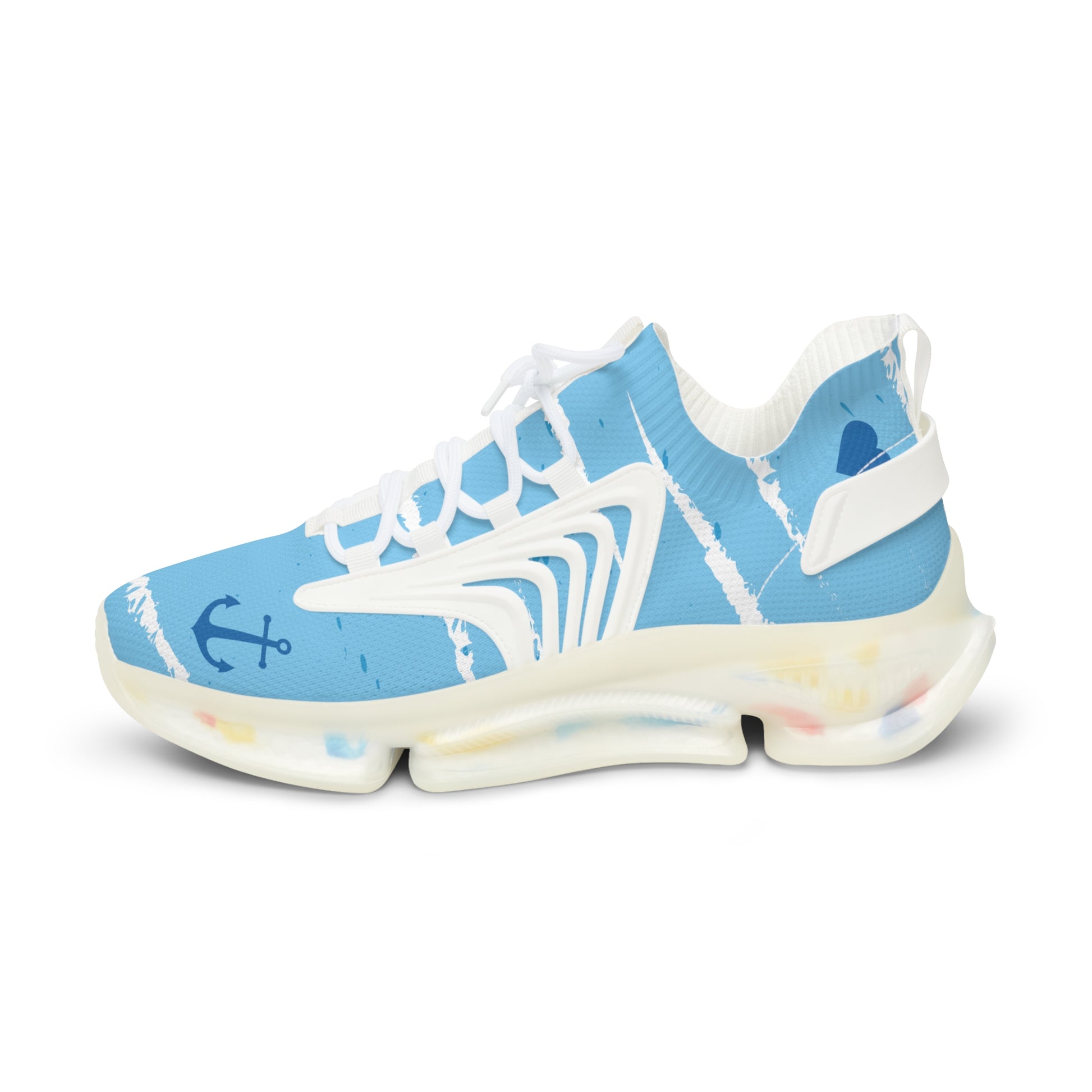 Light blue mesh athletic sneakers with white laces and molded cushioned sole.