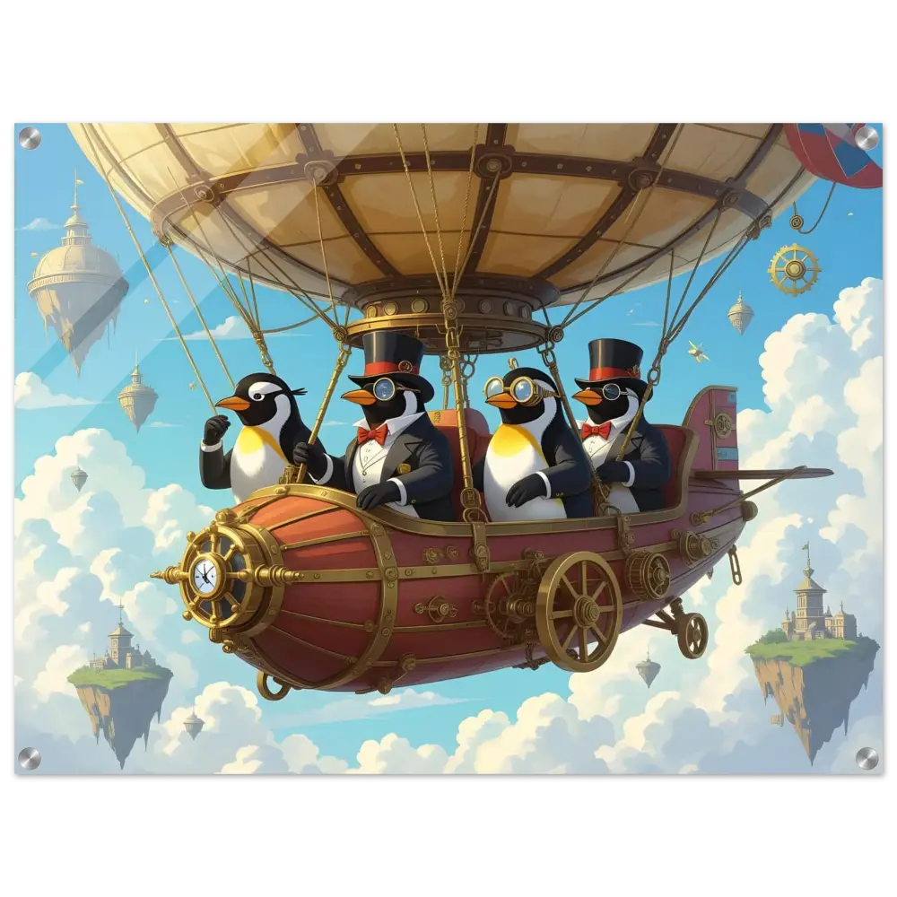 Steampunk penguin airship adventure in Crystal Skies Edition acrylic art by PixiOnyx