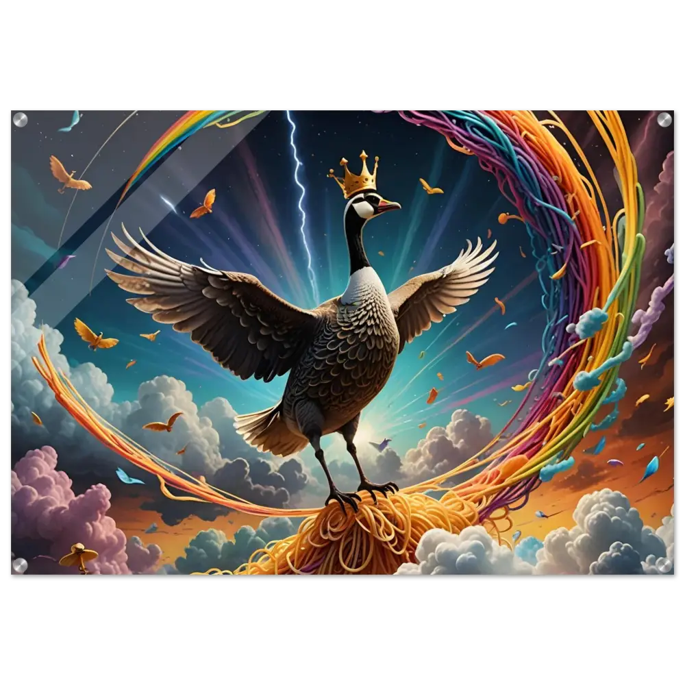 Regal goose with vibrant rainbow spaghetti in Acrylic Goose Ascension Noodle Nirvana display