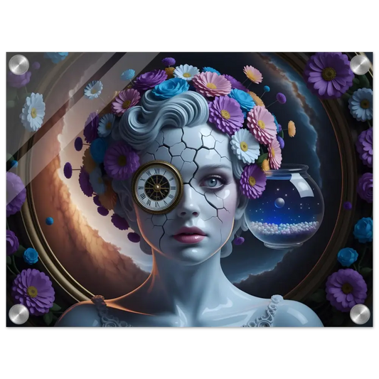 Surreal floral-crowned woman with clock eye and cracked porcelain skin in Acrylic Portrait Fractured Time