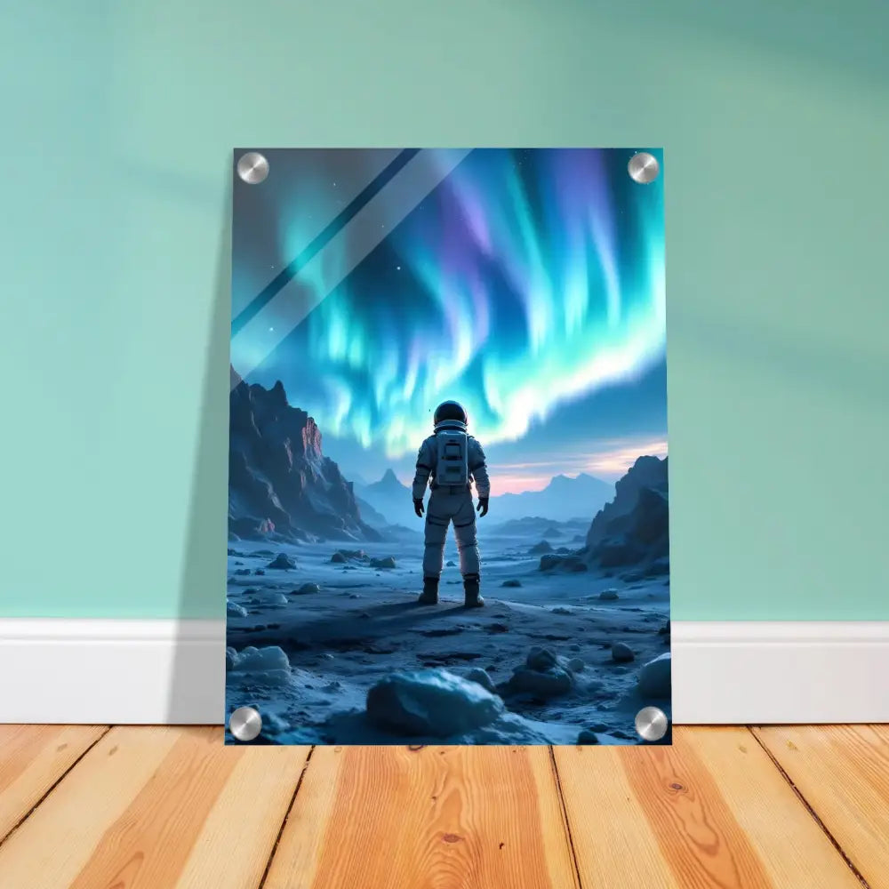 Framed astronaut under aurora print on acrylic for PixiOnyx Lucid Ice Edition