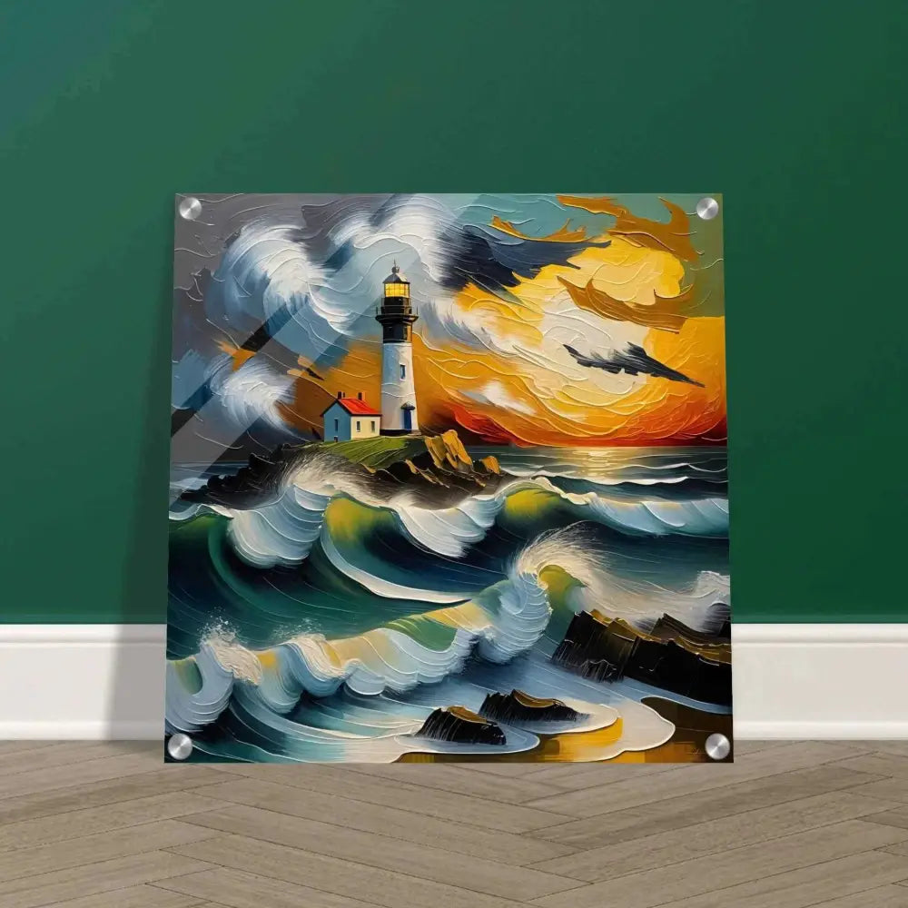 Vibrant acrylic print of a lighthouse on a stormy coast with a burning sky glows