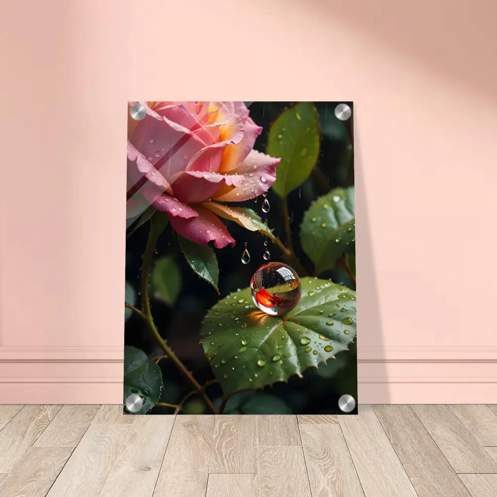 Acrylic art print of Rose with water droplet on PixiOnyx Blush Reverie botanical display