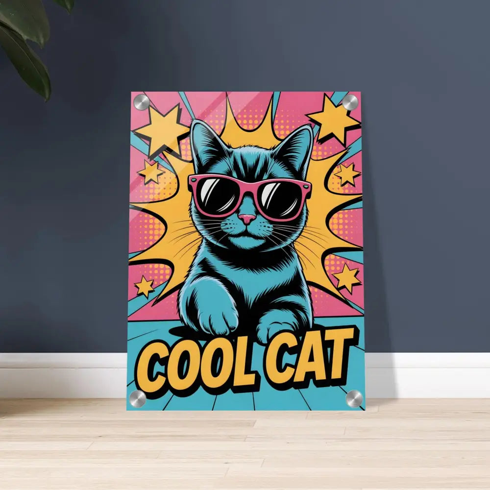 Vibrant pop art cool cat acrylic print with pink sunglasses showcasing sleek clarity enhanced light reflection