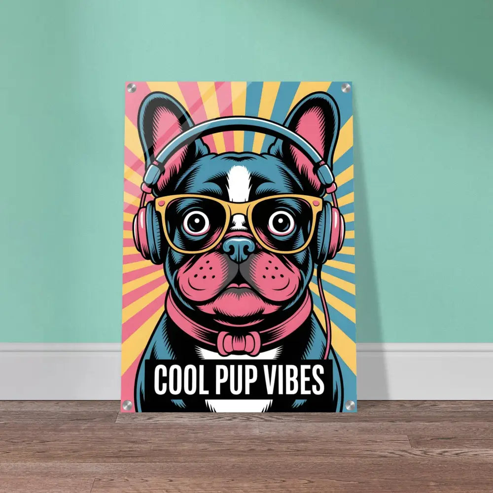 Pop art French Bulldog poster with headphones and glasses.