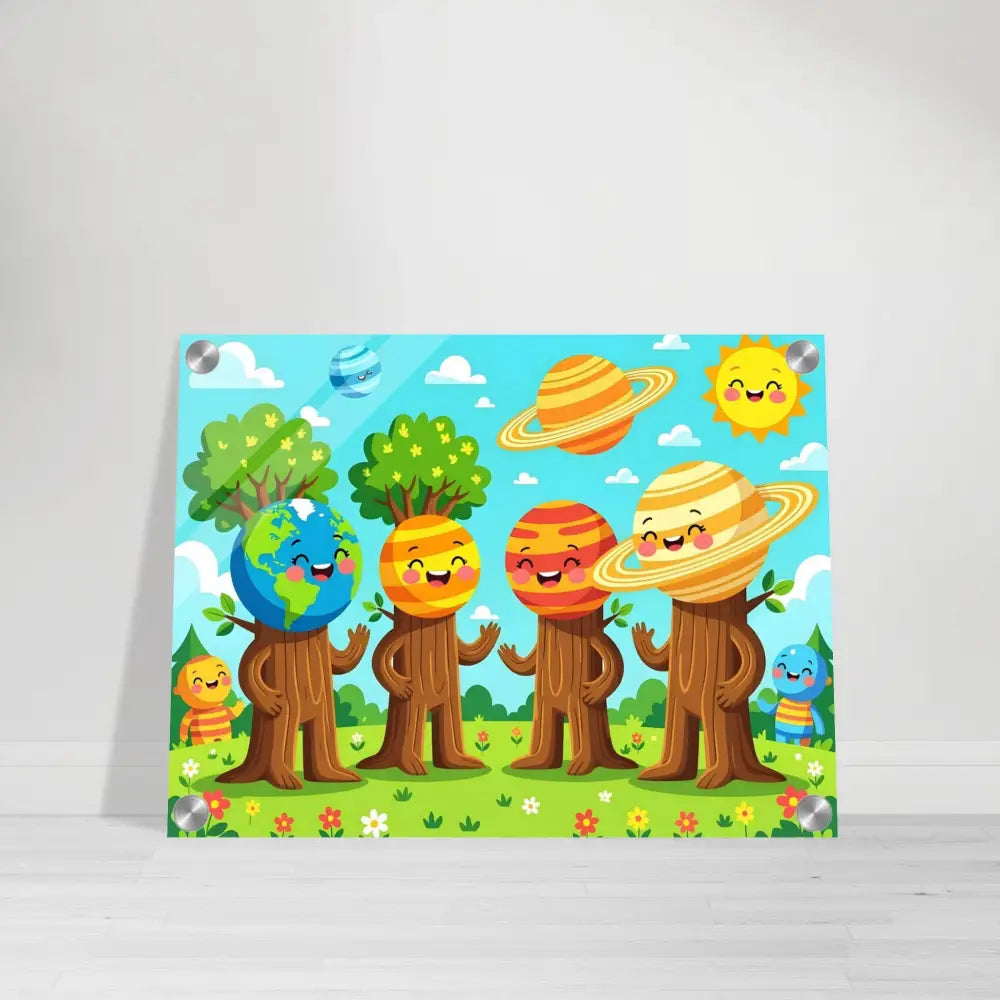 Cartoon planet characters on glossy acrylic print for Cosmic Tree Friends PixiOnyx Stellar Kids Art
