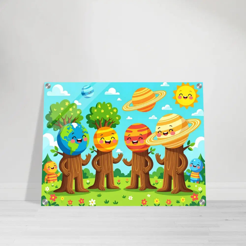 Cartoon planet-themed wall art acrylic print featuring cosmic tree friends for kids room decor