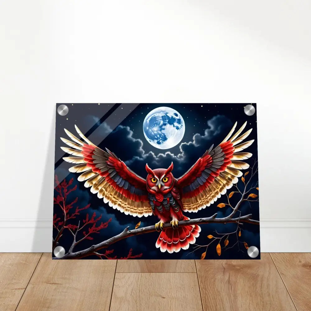 Acrylic owl artwork print titled Crimson Wings Unfurled by PixiOnyx Celestial Luxe
