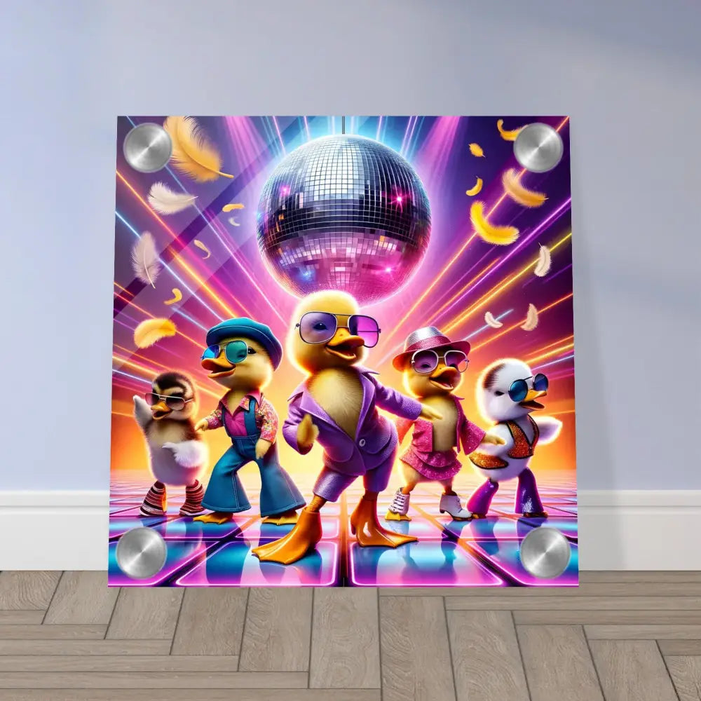 Acrylic print of Disco Ducklings featuring a disco-dancing duck art panel in retro style