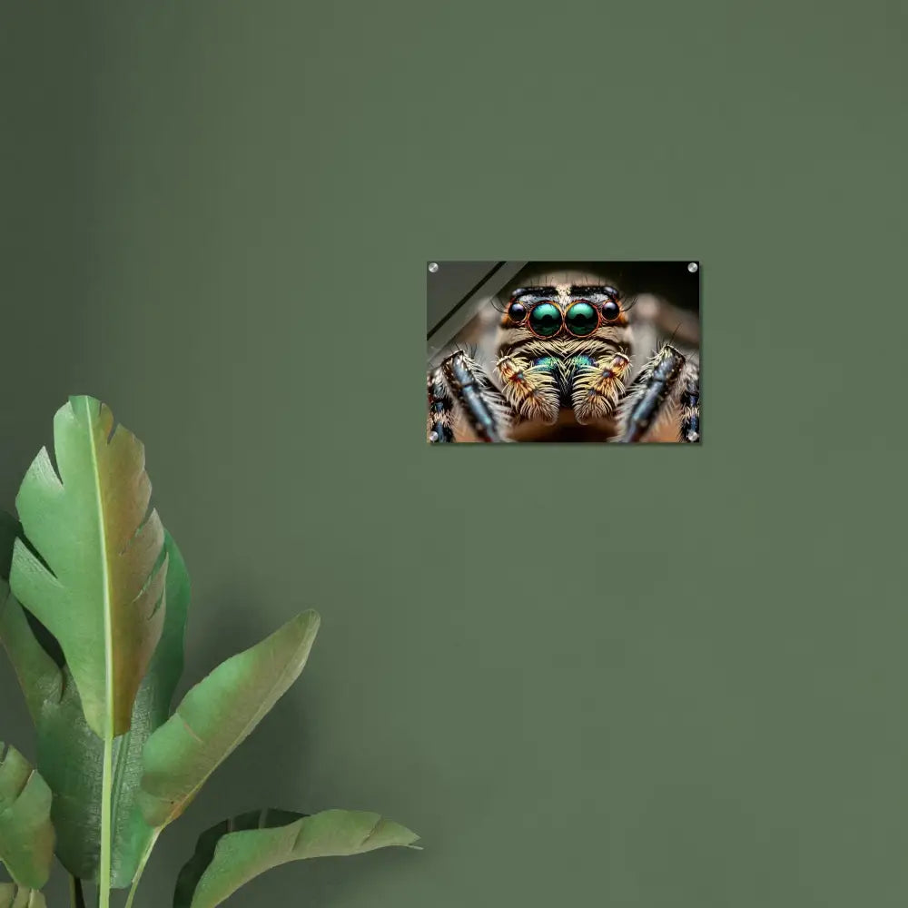 Framed close-up of an eight-eyed spider on acrylic print piece PixiOnyx Nature Obscura