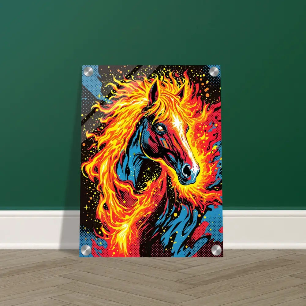 Vibrant cosmic horse ablaze acrylic print on PixOnyx Luxe Display shimmering acrylic transforms