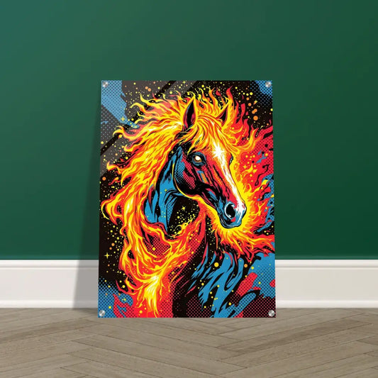 Vibrant cosmic horse ablaze pop art acrylic print on PixiOnyx Luxe Display