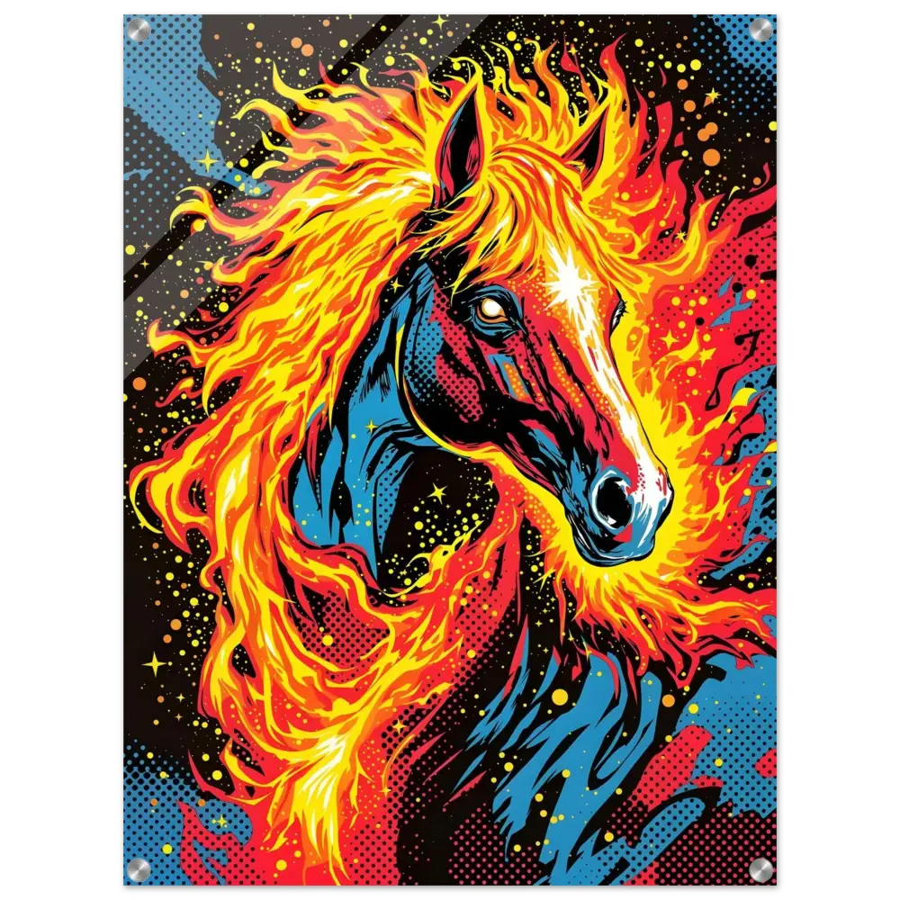 Vibrant cosmic horse ablaze acrylic print with fiery mane on PixiOnyx Luxe Display