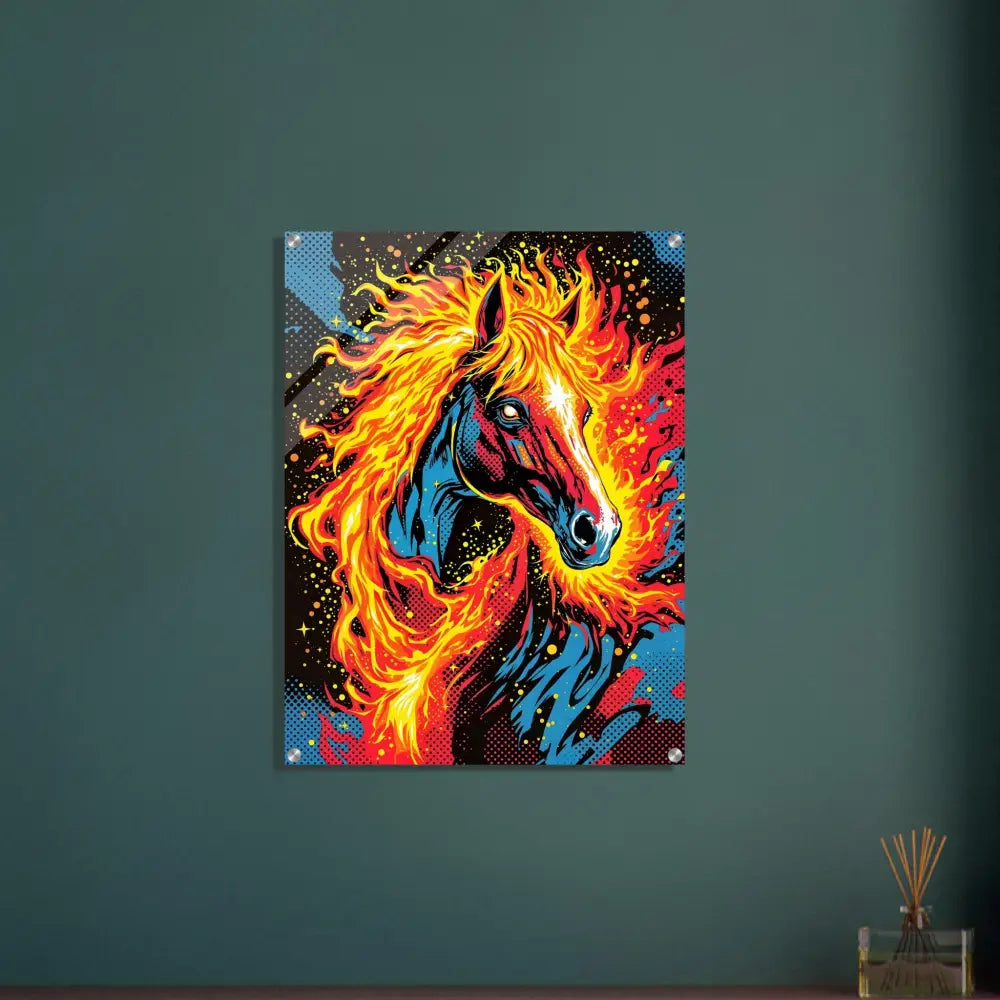 Vibrant pop art cosmic horse ablaze acrylic print on PixiOnyx Luxe Display shimmering acrylic transforms