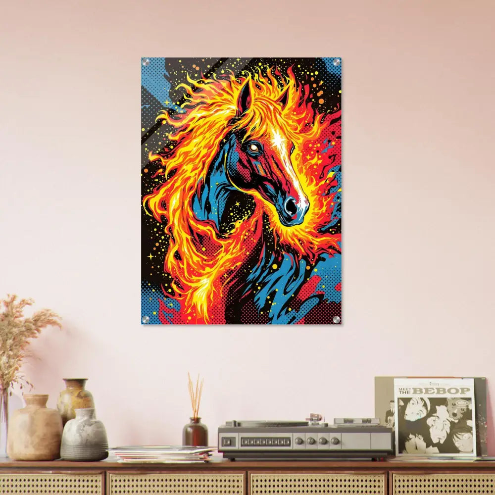 Vibrant cosmic horse ablaze acrylic print on PixiOnyx Luxe Display shimmering acrylic transforms