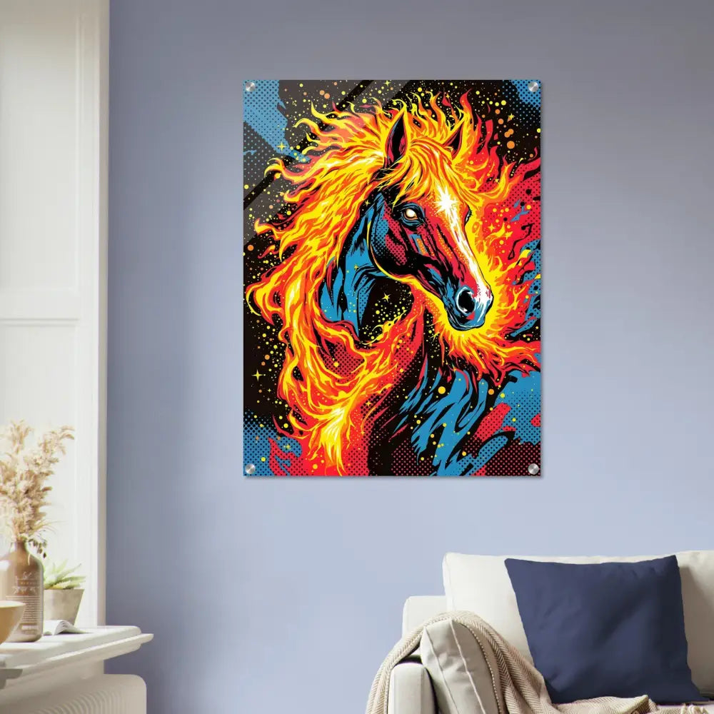Vibrant cosmic horse ablaze acrylic print with fiery mane in PixiOnyx Luxe Display