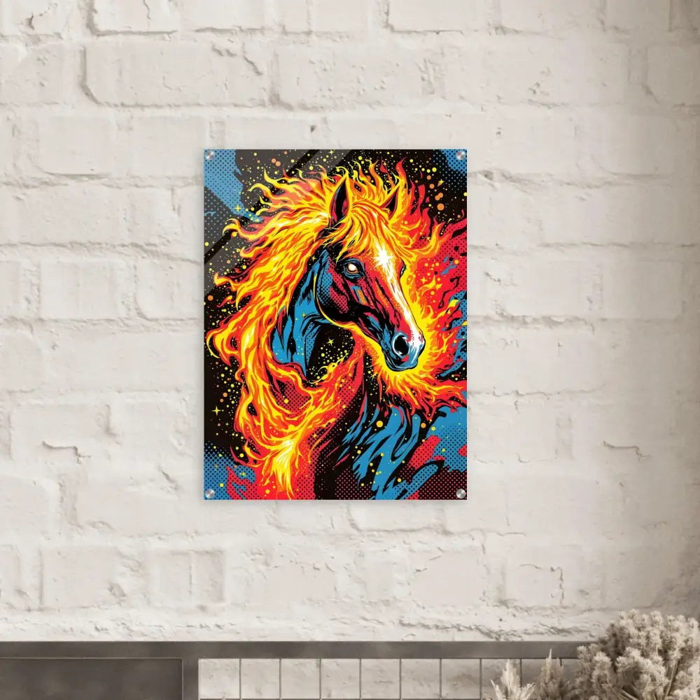Vibrant cosmic horse ablaze art print on shimmering acrylic transforms PixiOnyx Luxe Display