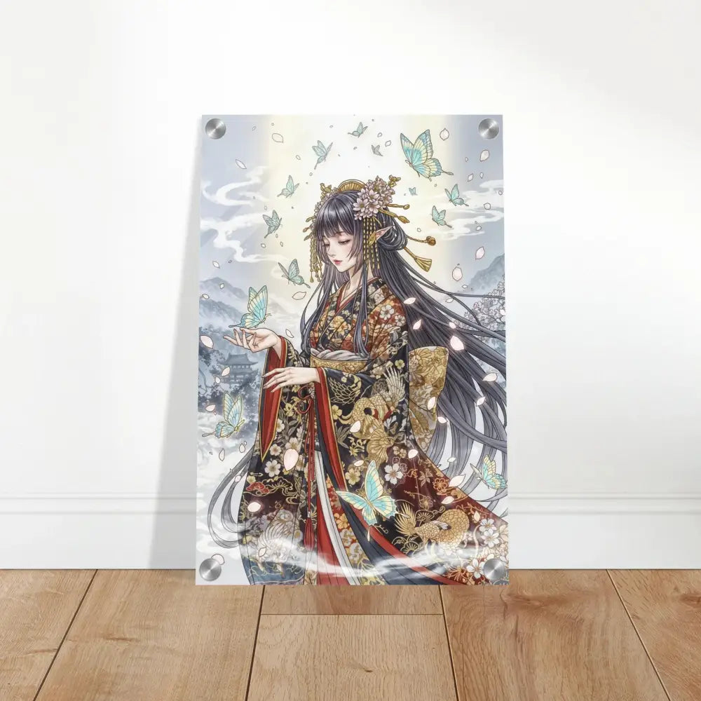 Vibrant anime-style ethereal kimono maiden on polished acrylic glass with butterflies and modern standoff bolts