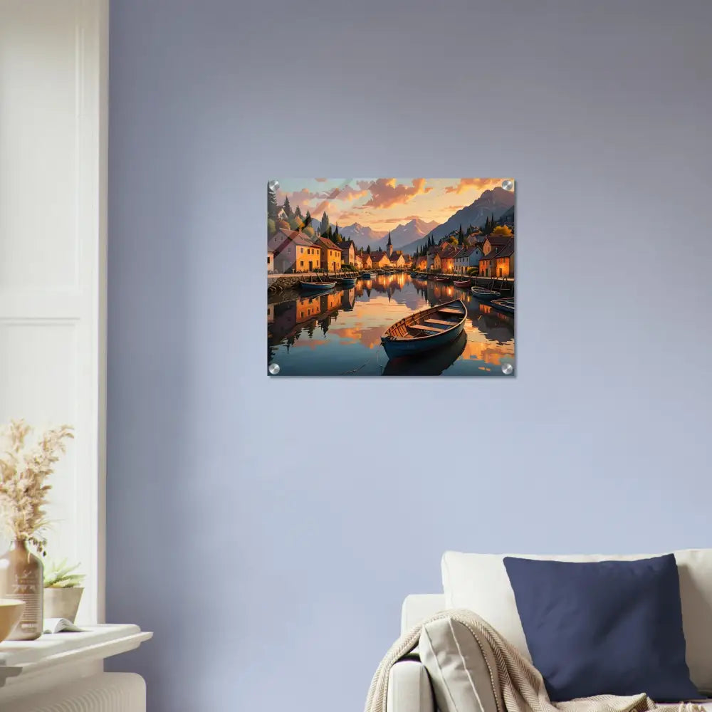 Framed landscape painting of an evening glow on calm water for Acrylic Print PixiOnyx