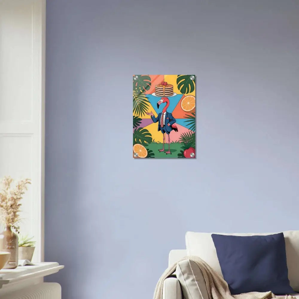 Acrylic print of Flamingo Waiter with pancakes, tropical leaves, and fruit in PixiOnyx Gloss