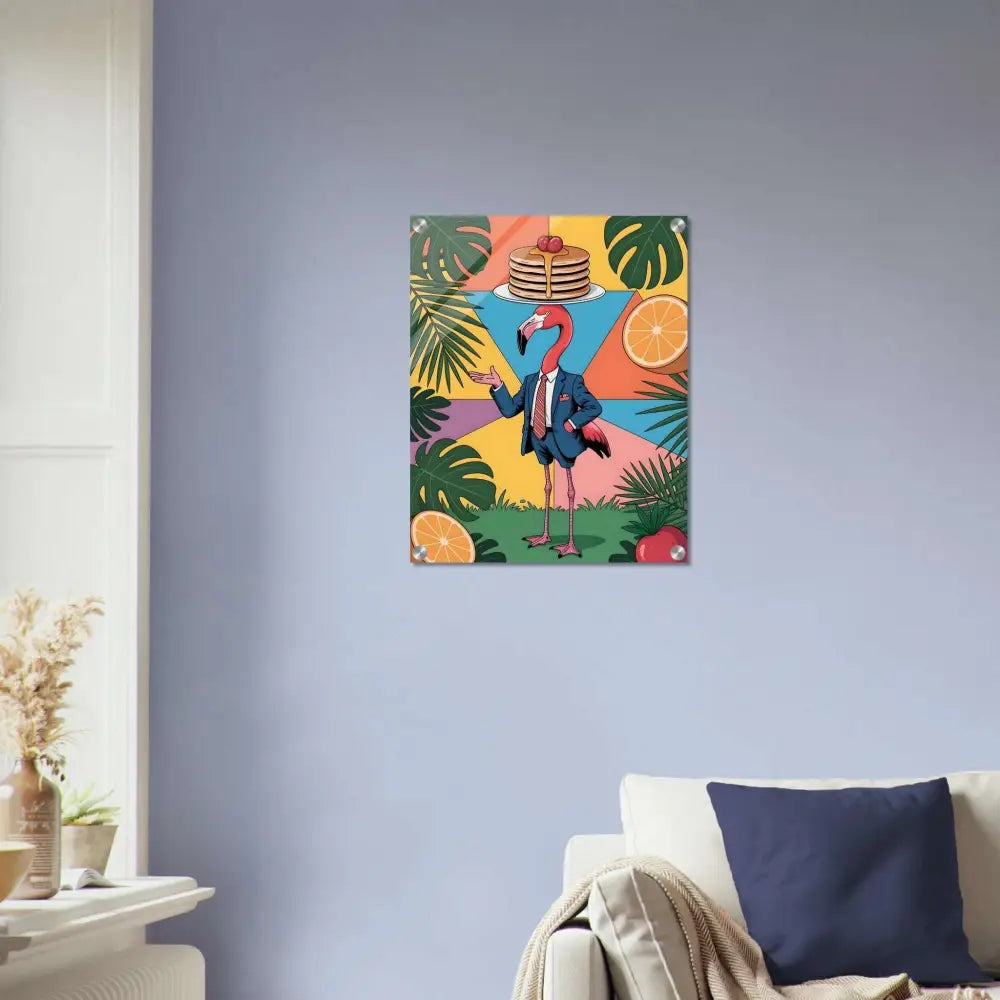 Acrylic print of flamingo waiter in suit balancing pancakes, tropical foliage, PixiOnyx Gloss