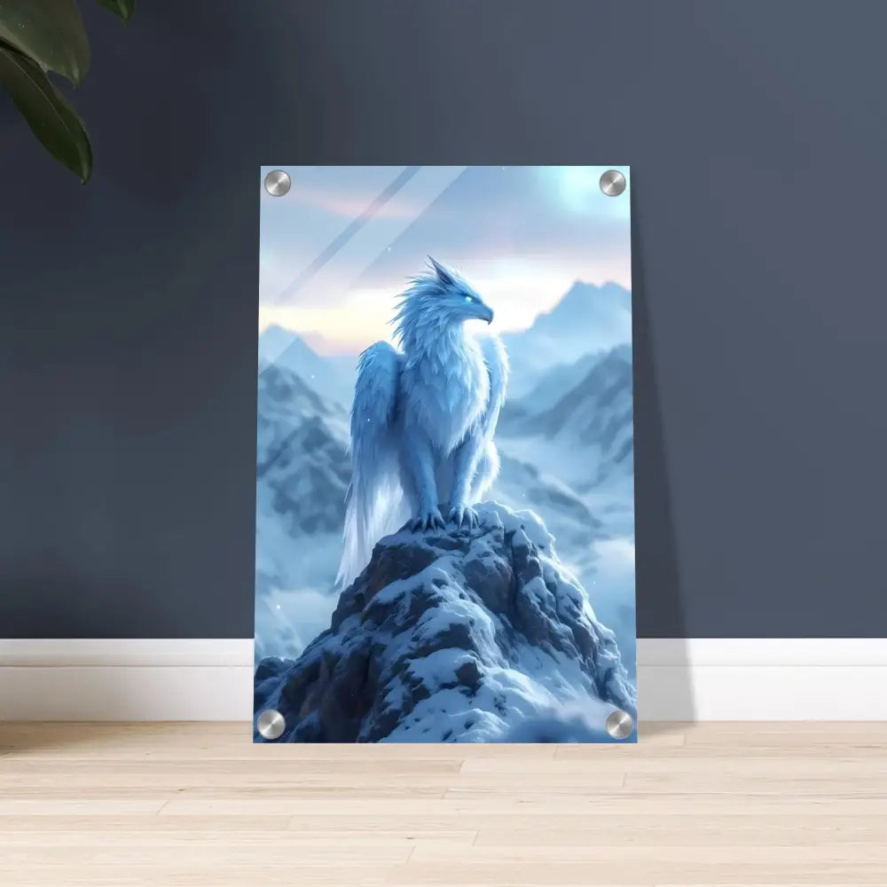Acrylic print of a white Griffin on a snowy mountain peak for PixiOnyx Fantasy Display