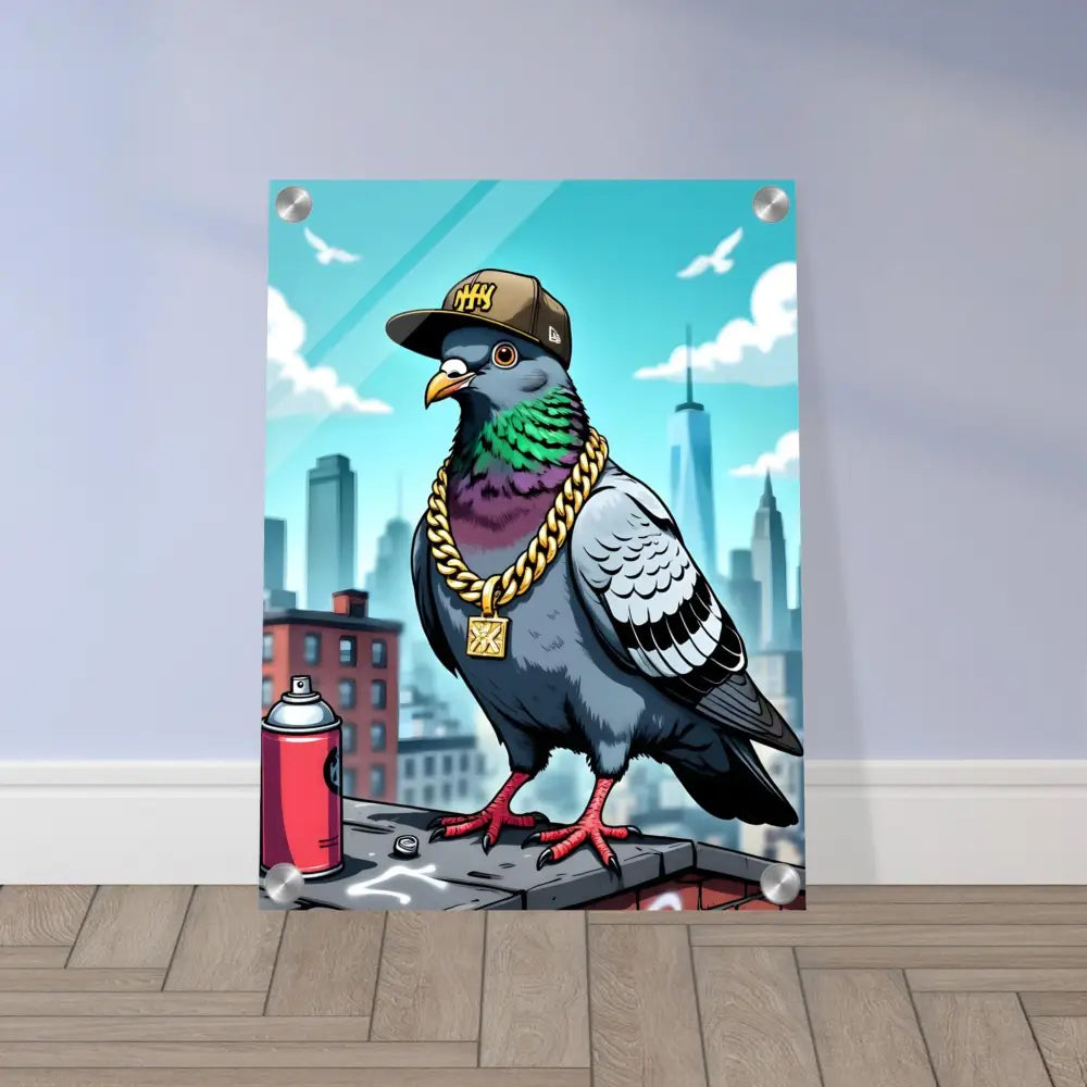 Framed cartoon pigeon art Acrylic Print Gangster Pigeon Skyline PixiOnyx Crystal City Edition