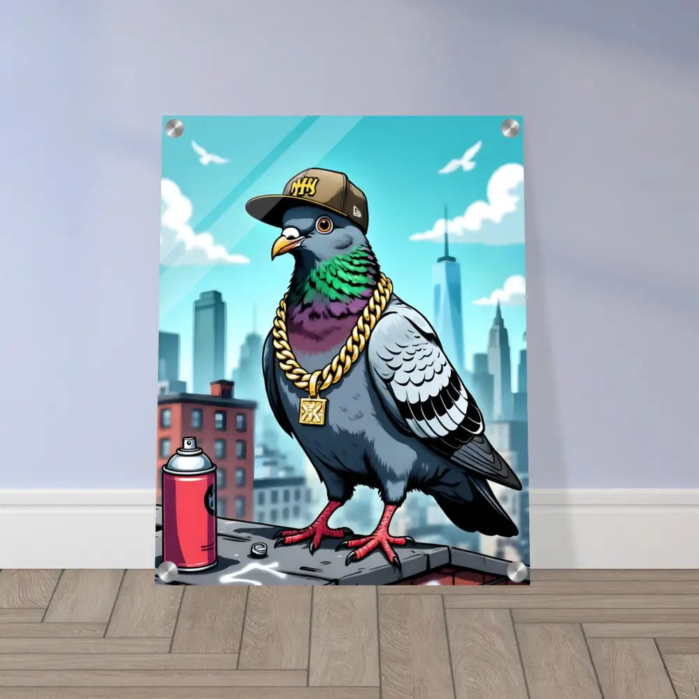 Framed pigeon art acrylic print titled Gangster Pigeon Skyline, Crystal City Edition
