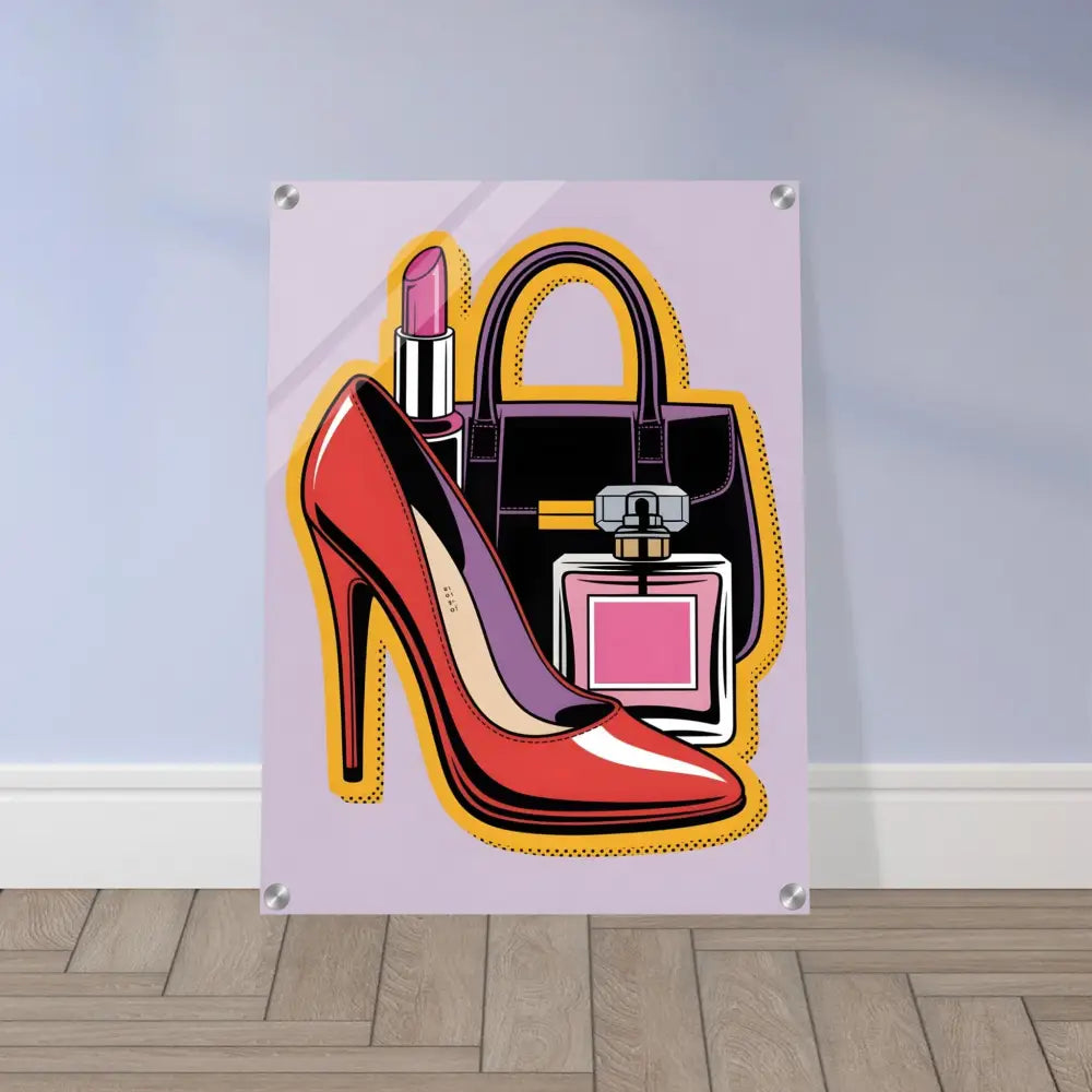 Glam Slam acrylic print featuring PixiOnyx Gloss Bomb Pop with high heels and accessories