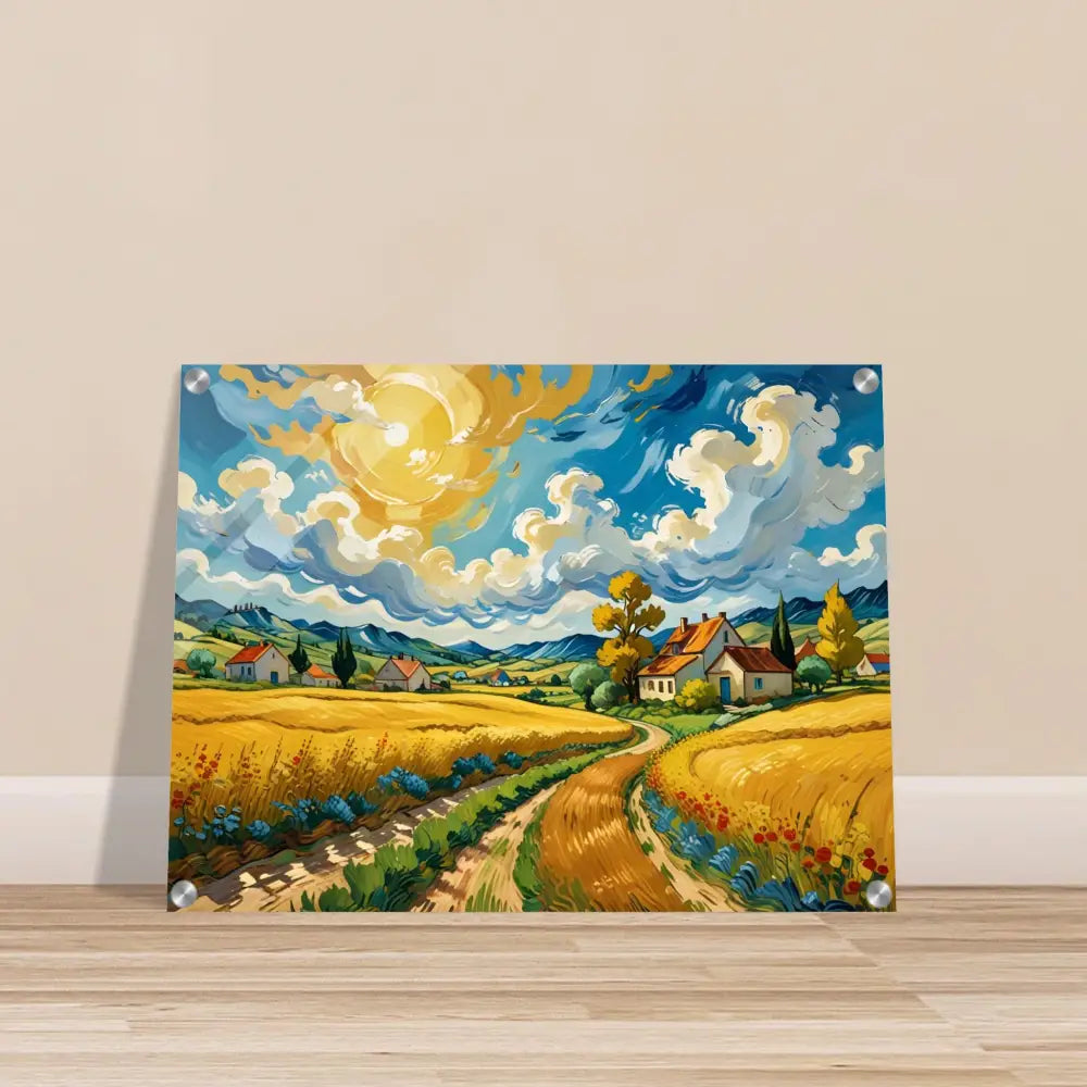 Vibrant acrylic landscape painting titled Golden Fields Reverie on PixiOnyx acrylic print
