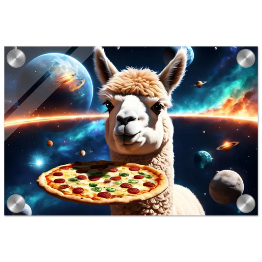Cosmic alpaca holding pizza displayed on Acrylic Print Intergalactic Alpaca Wall Art